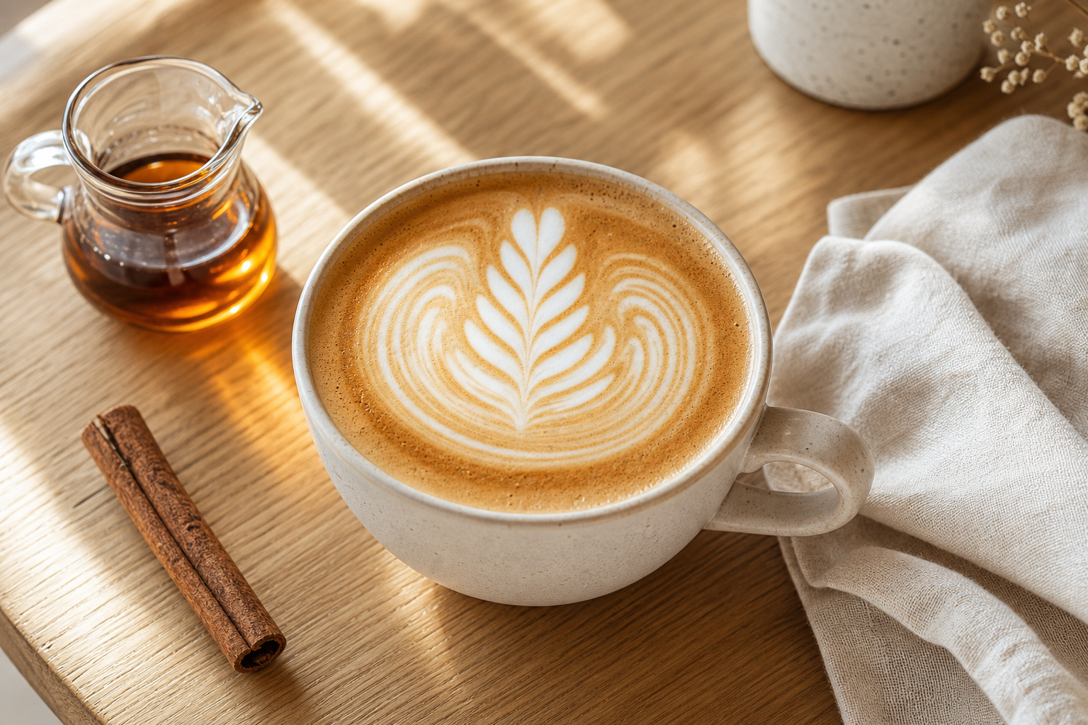 Brown butter maple latte with rosette latte art in a white ceramic cup on a light wood table