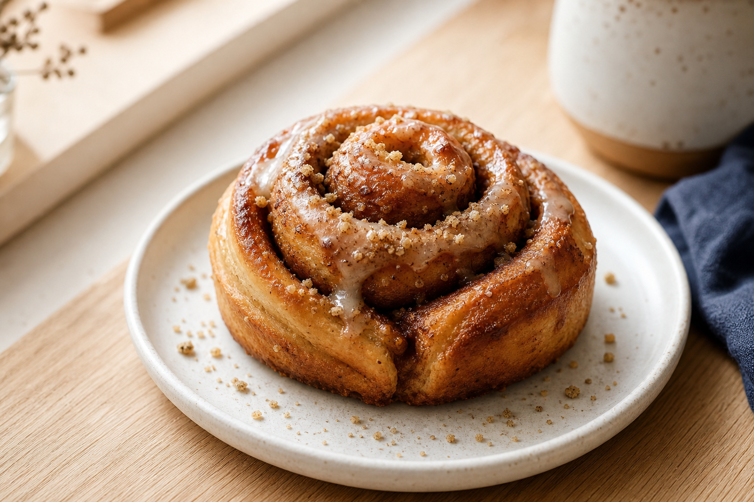 Golden cardamom cinnamon bun with sugar glaze on a small ceramic plate over light wood grain