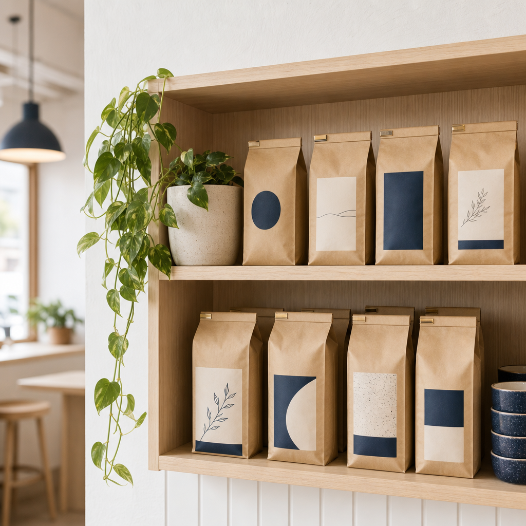 Light wood shelf holding coffee bean bags and a small potted plant