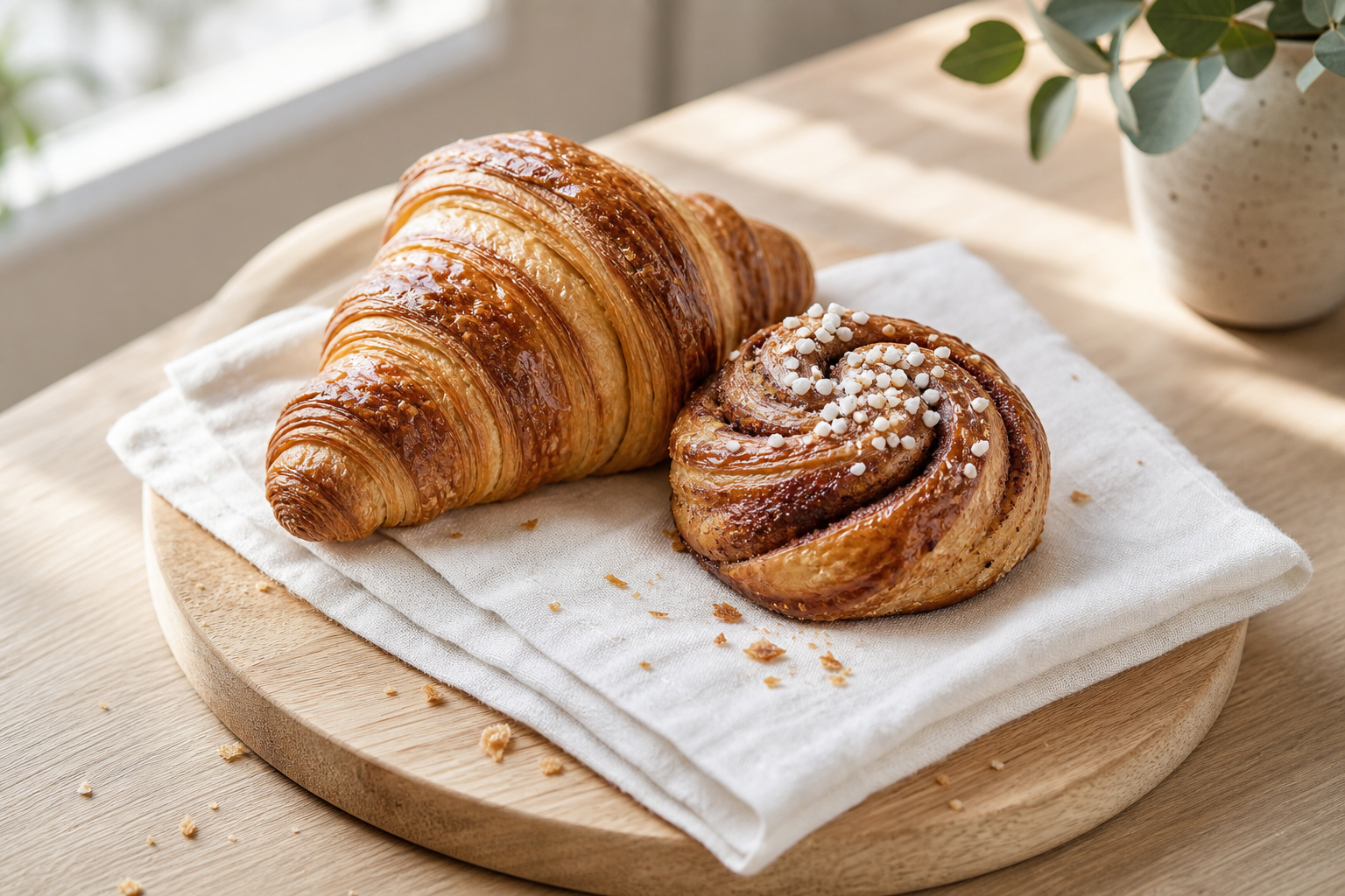 Golden croissant and cinnamon pastry on a light wood board with a linen napkin