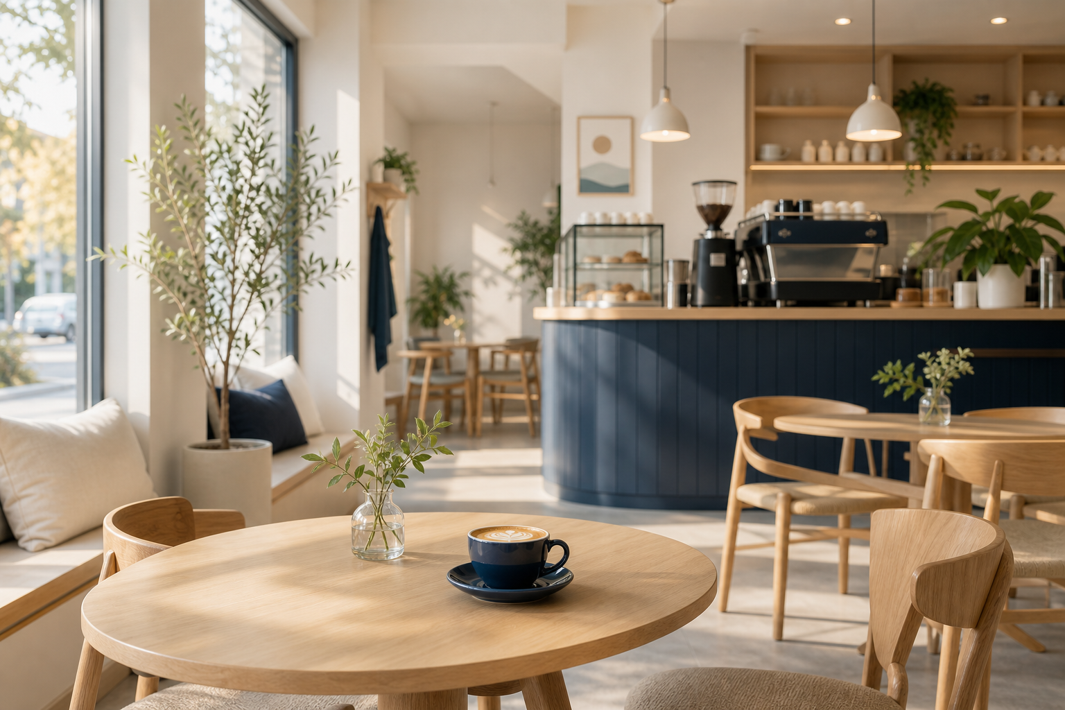 Bright Scandinavian-style cafe interior with light wood tables, off-white walls, and warm morning light streaming through large windows