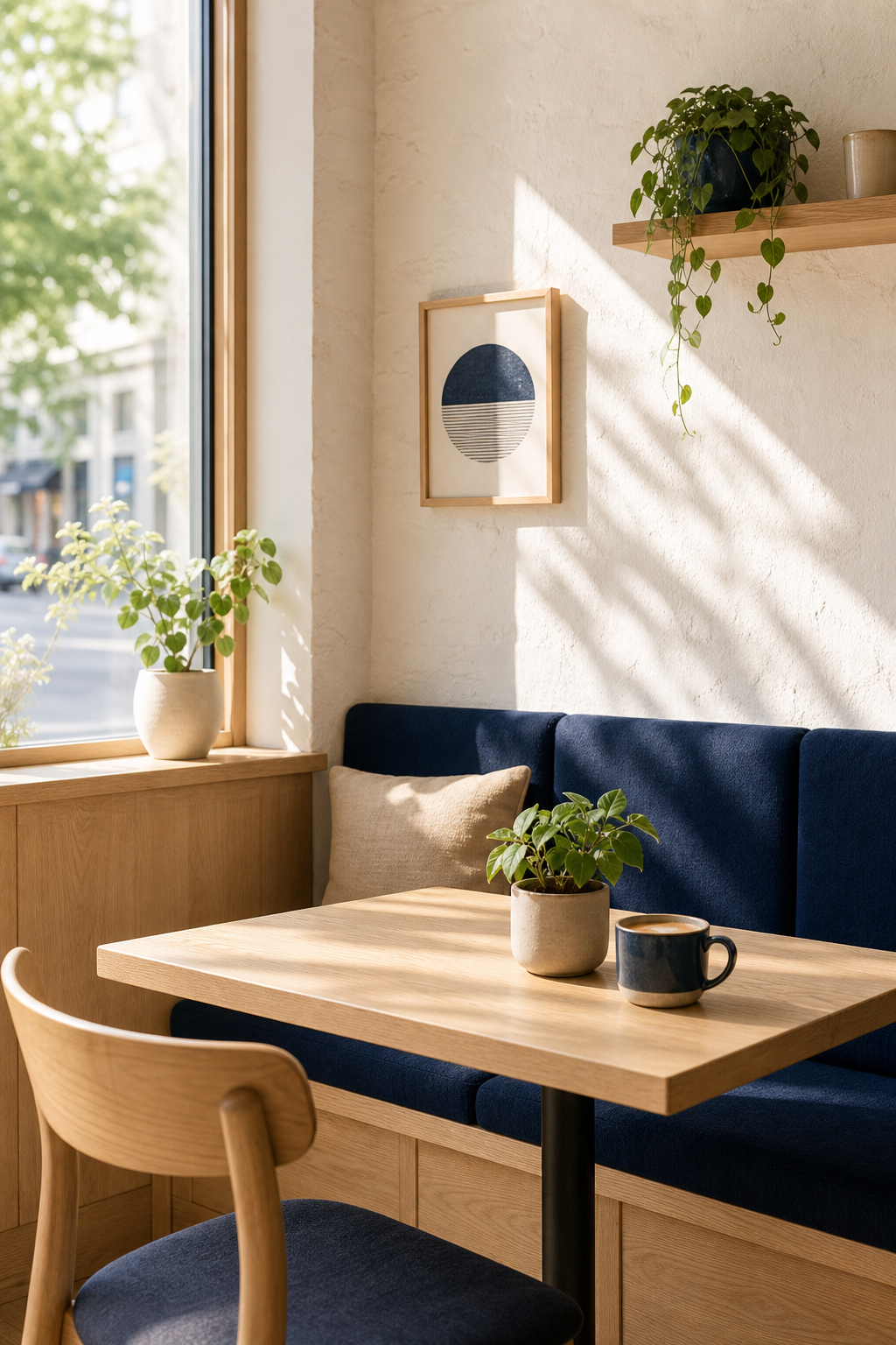 Bright cafe reading nook with a light wood table and navy blue bench seat beside a sunlit window