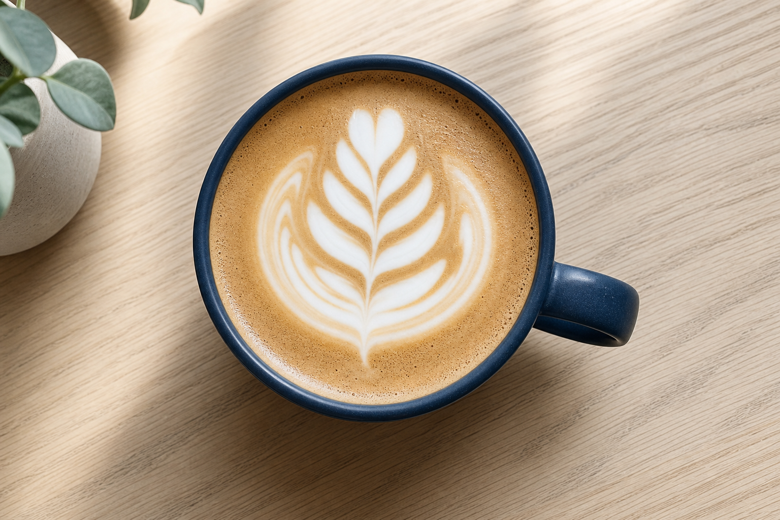 Overhead close-up of latte art in a matte navy ceramic cup on a light wood table