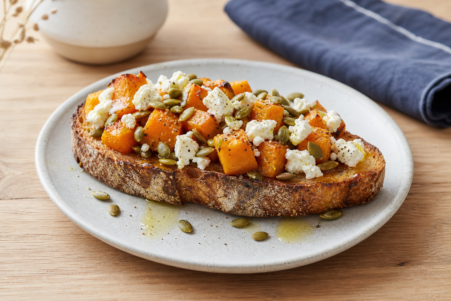 Toasted sourdough with roasted squash, feta cheese, and pumpkin seeds on a stone plate over light wood