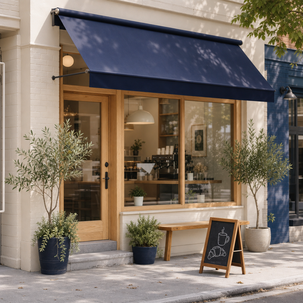 Small neighborhood coffee shop storefront with a navy awning and wood window frames