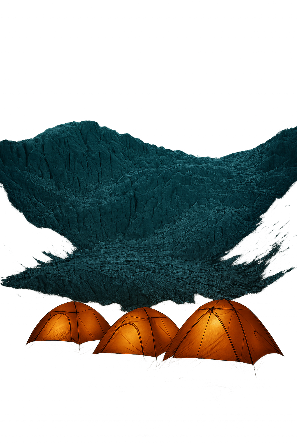 Basecamp tents lit at dusk beneath a towering glacier with a teal sky