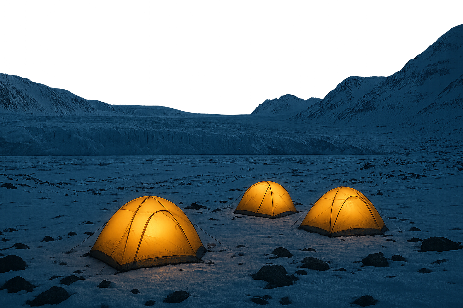 Minimal arctic camp with glowing tents beneath a pale midnight sky and snowy moraine