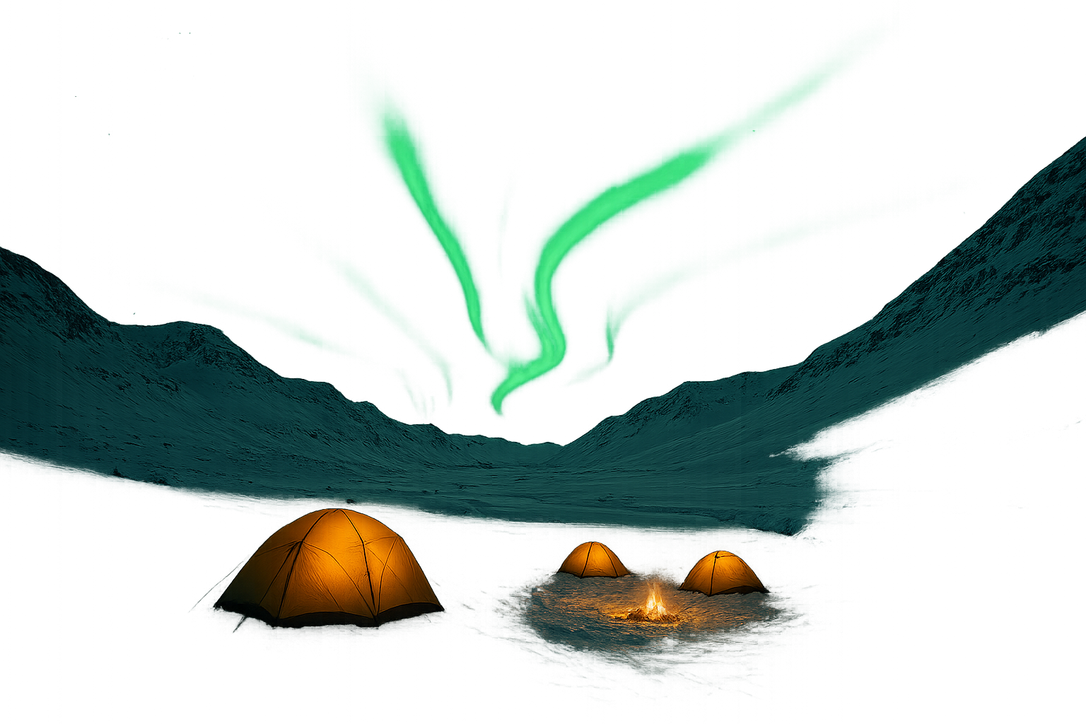 Green aurora swirling above a remote camp and snow-covered valley in Greenland