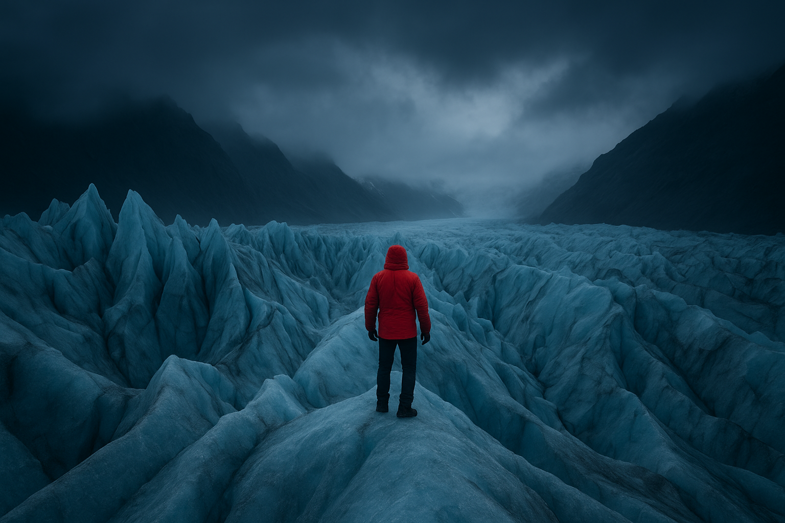 Dramatic wide-angle photograph of a lone explorer in a red parka standing on a glacier ridge, surrounded by jagged blue ice and misty mountains under a moody cinematic sky.