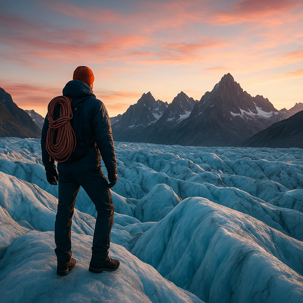 Lead explorer standing on a glacier ridge at sunrise with rope gear and a cinematic mountain range behind