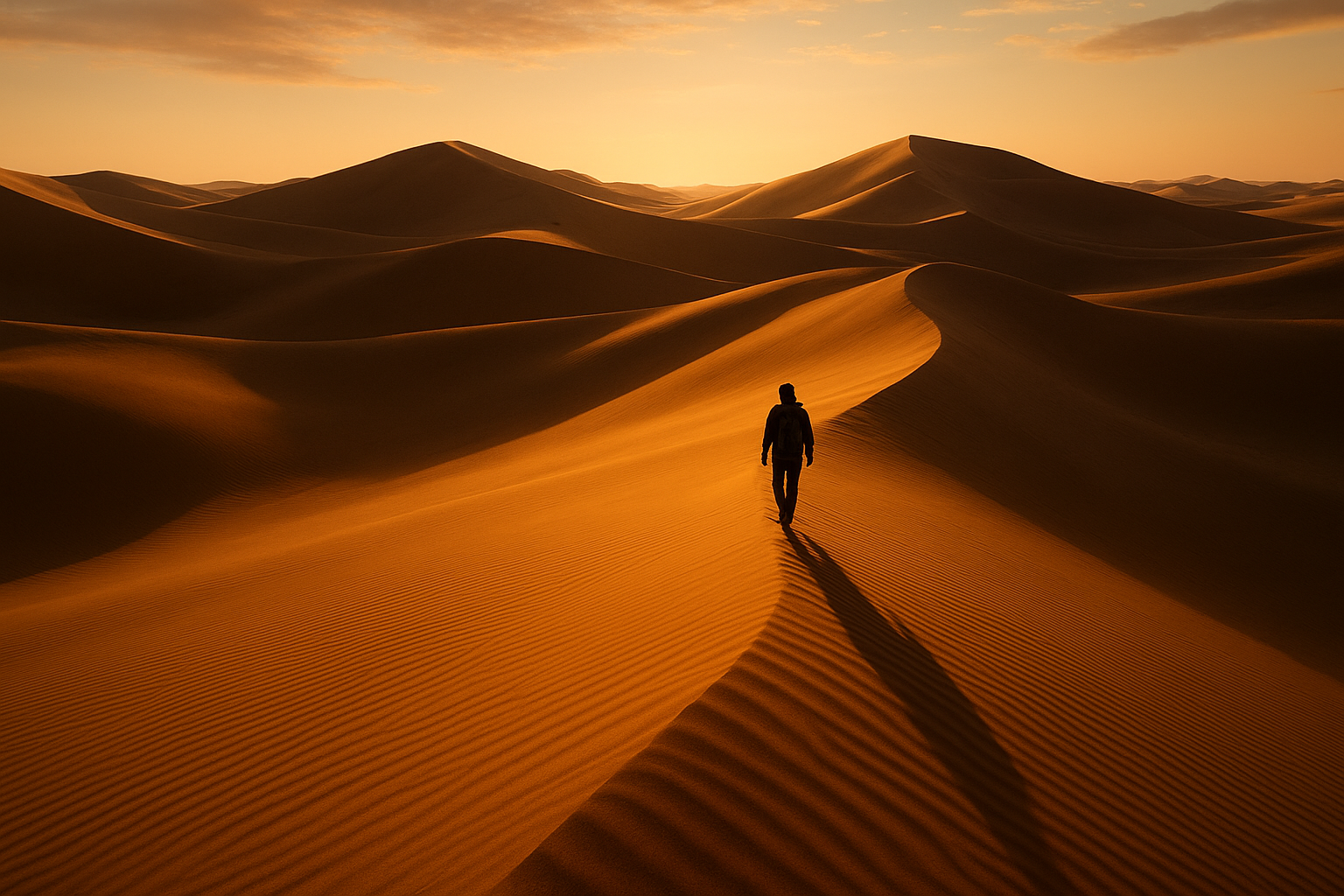 Vast golden desert dunes with a lone traveler walking along a ridge