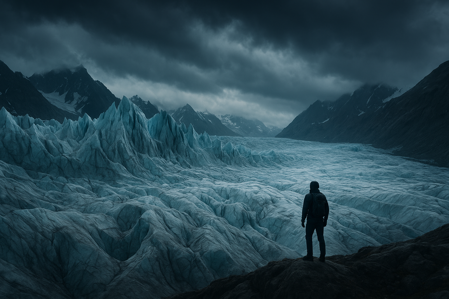 Wide cinematic panorama of jagged glacier peaks under a moody sky with a lone explorer on a ridge