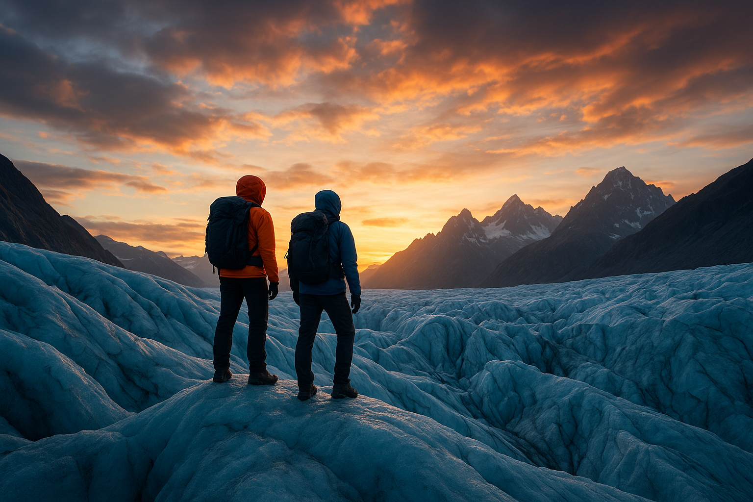 Two explorers standing on a windswept glacier ridge at sunrise, wearing modern technical gear and looking over distant mountains