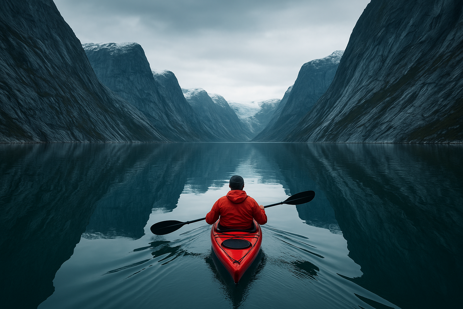 Single red kayak slicing through a mirror-still fjord surrounded by steep granite walls