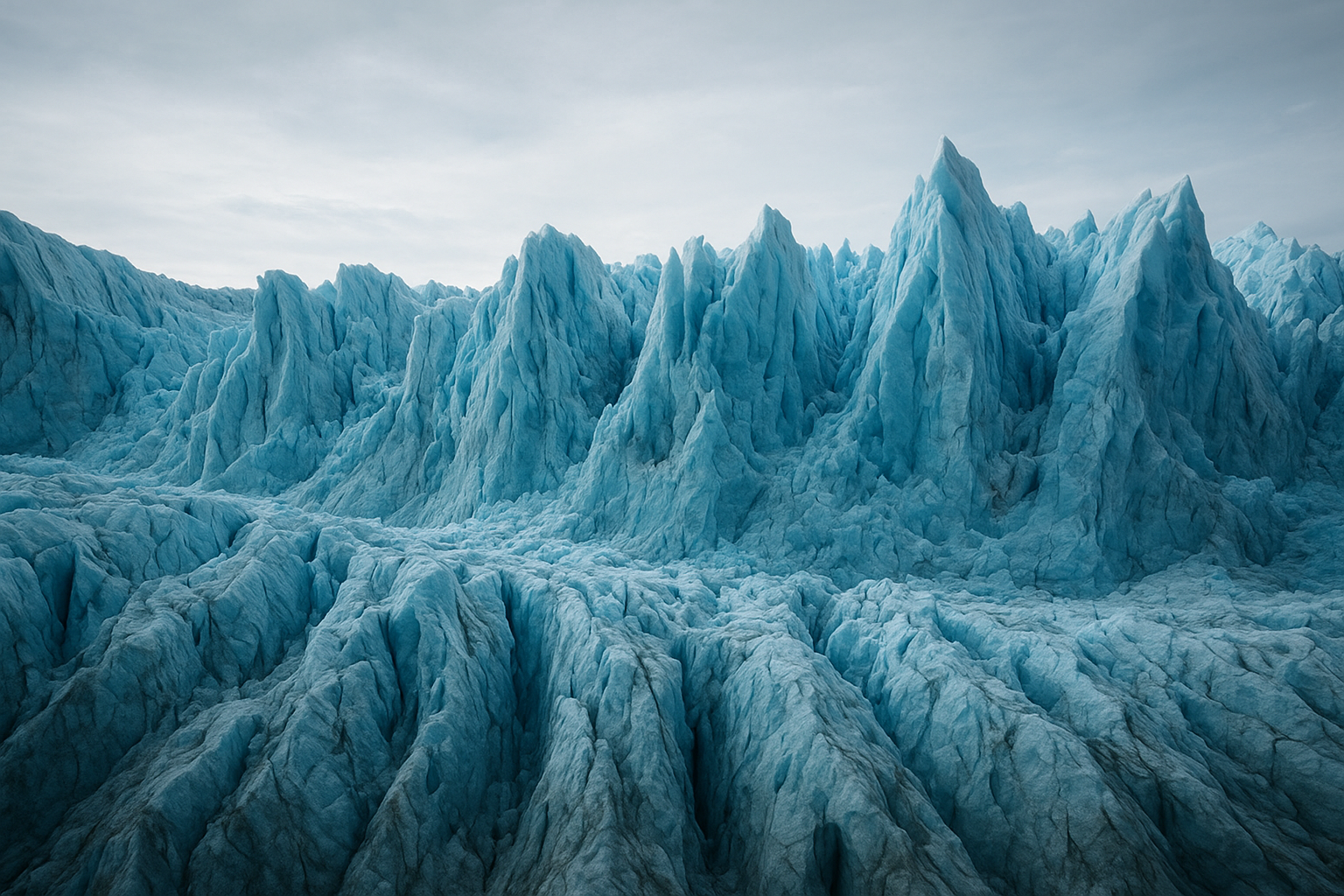 A towering blue glacier with jagged ice walls under a pale arctic sky