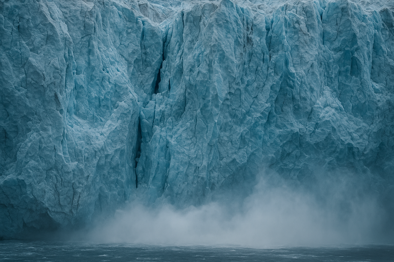 Close-up of a towering glacier wall with deep blue crevasses and mist