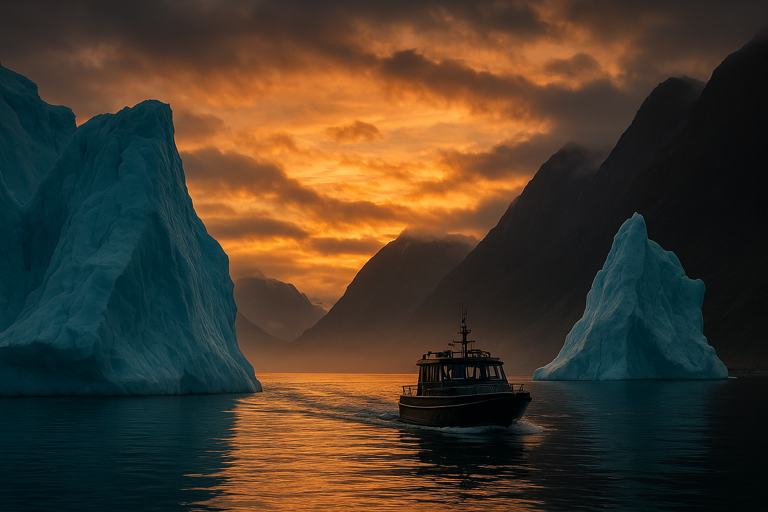 Dramatic Greenland fjord with towering blue icebergs, a sleek expedition boat, and misty mountains under a golden Arctic sunset