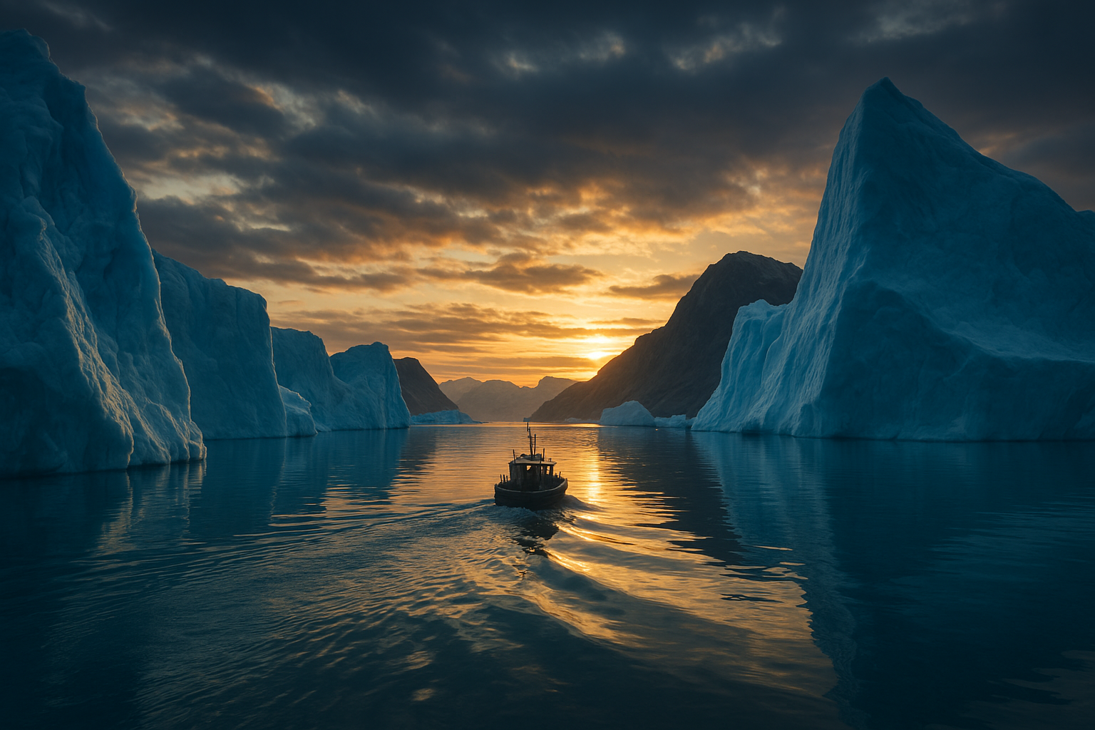 A dramatic Greenland icefjord at golden hour with towering blue icebergs and a lone expedition boat cutting through the calm water.