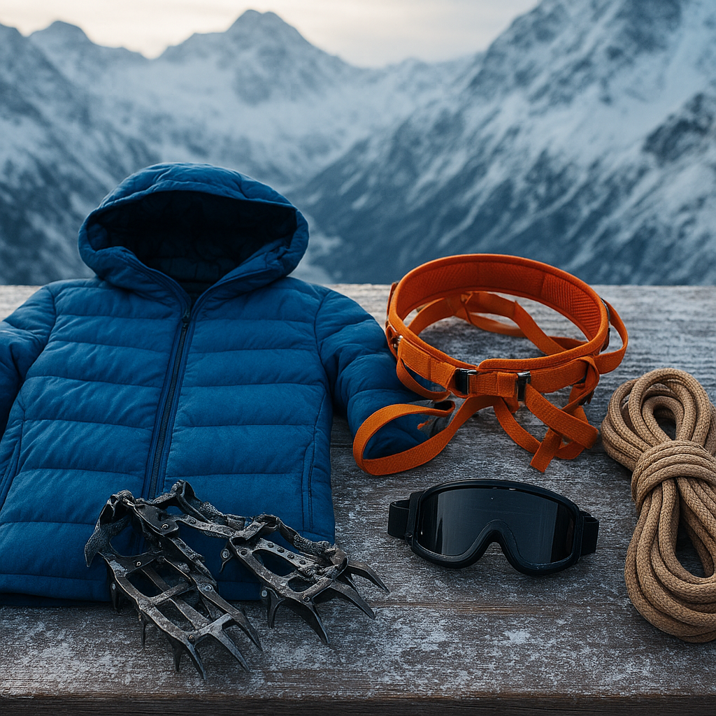 Lead guide laying out glacier expedition gear on a snow-dusted table