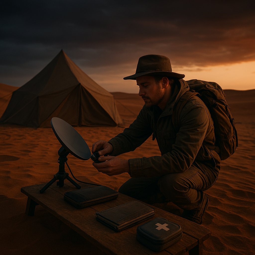 Explorer preparing satellite gear and journals in a desert camp