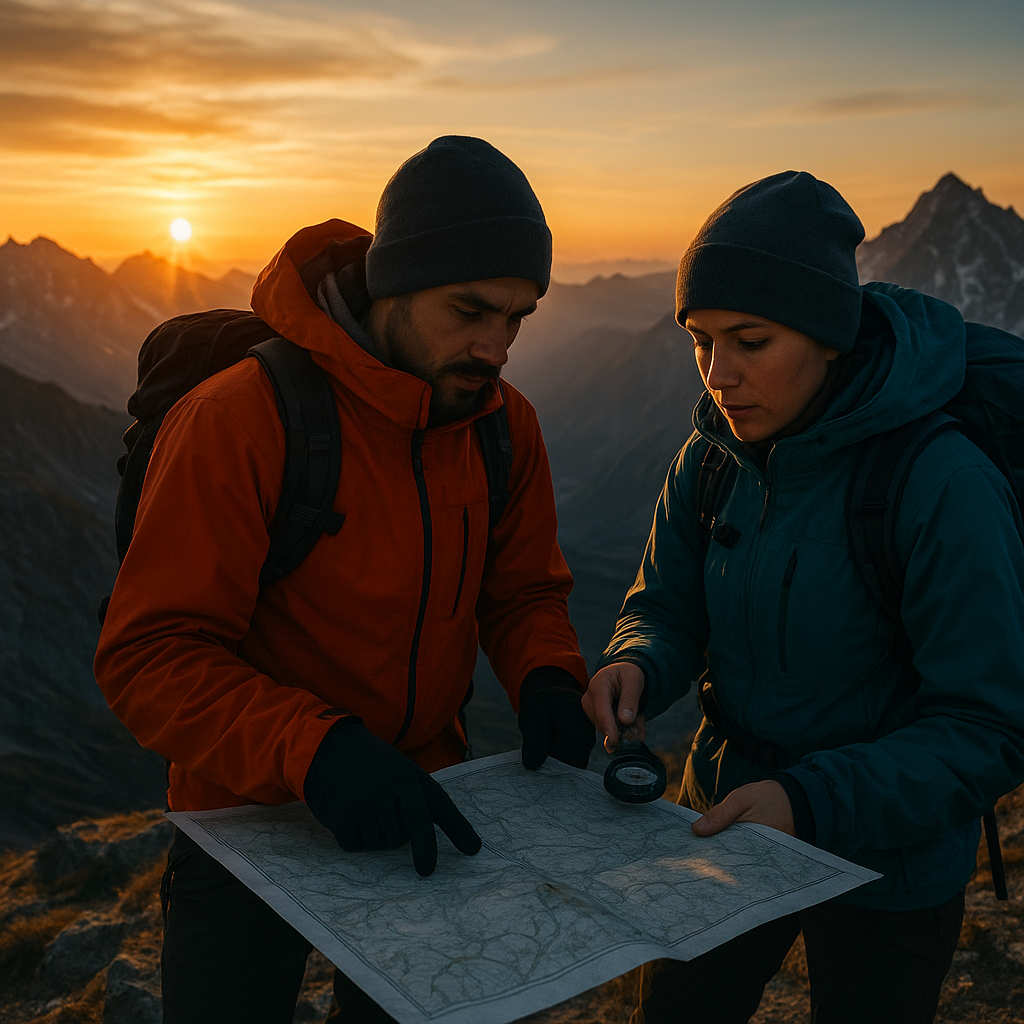 Hikers studying a route map on a mountain ridge at sunrise