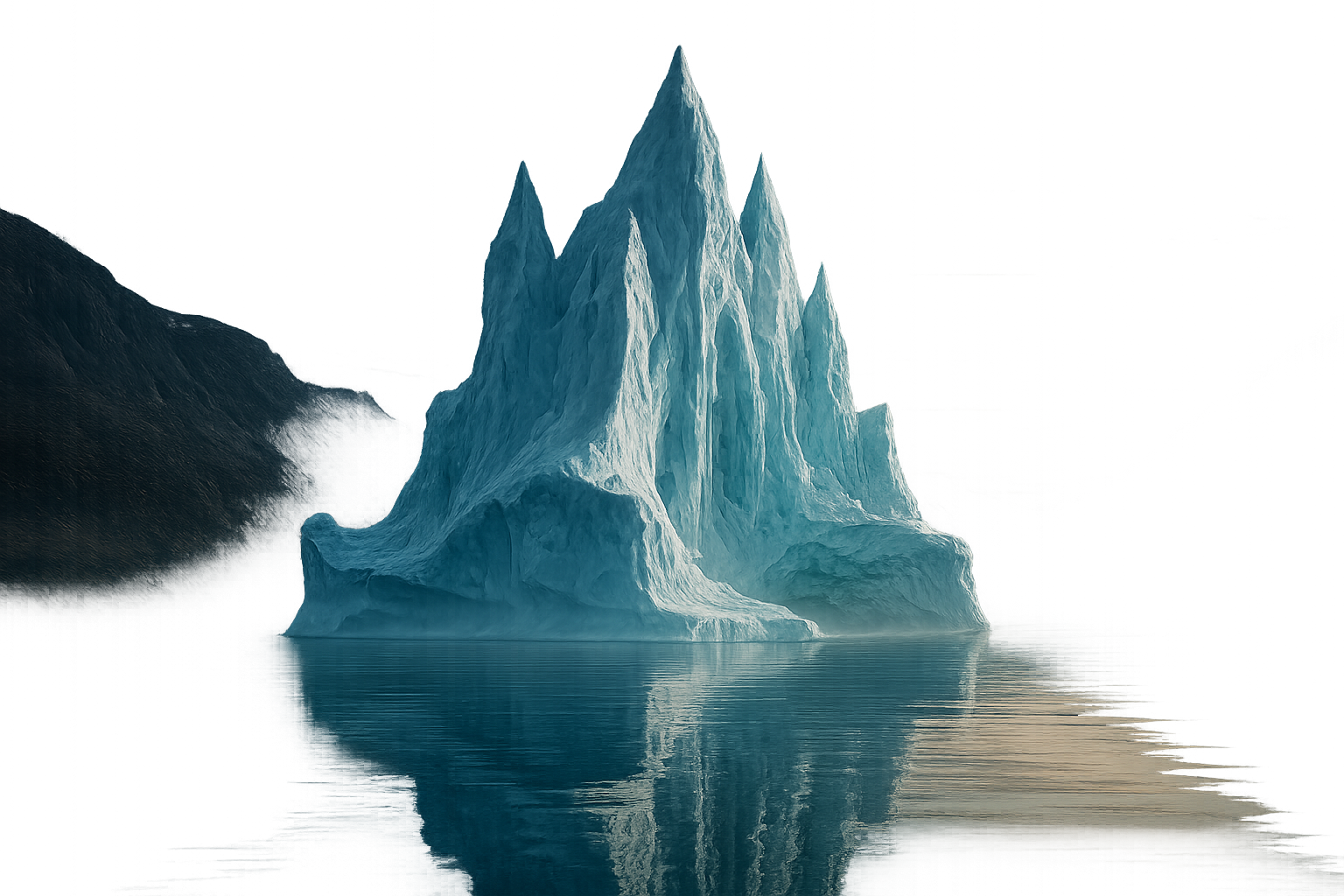 Towering blue-white iceberg cathedral rising from a glassy fjord under low arctic sun
