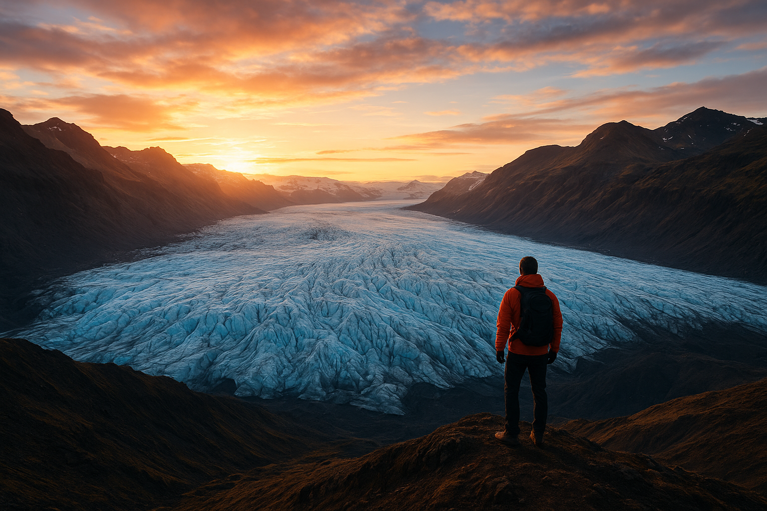 A dramatic Iceland glacier valley at sunrise with a lone explorer on a ridge