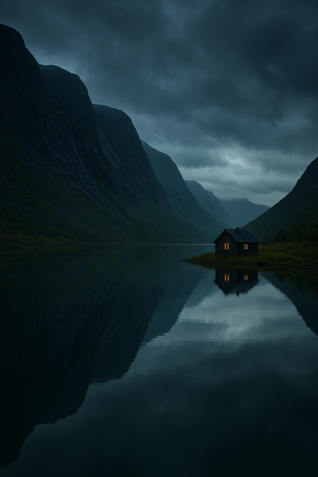 A quiet fjord mirror reflecting rugged cliffs and a lone cabin