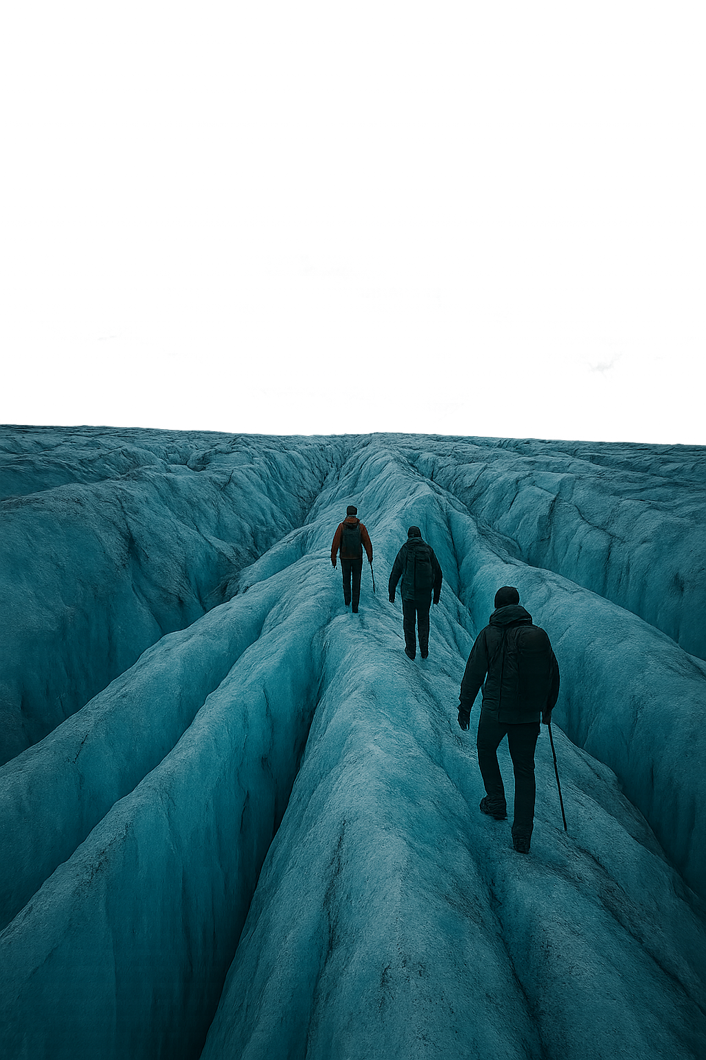 Explorers walking along a blue glacier ridge beneath dramatic clouds