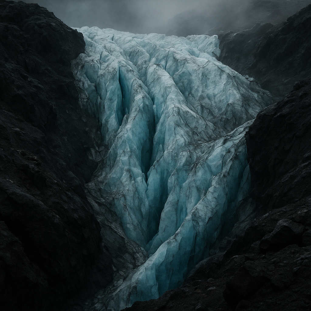 Close-up of a rugged icefall with deep blue crevasses and mist, framed by dark volcanic rock