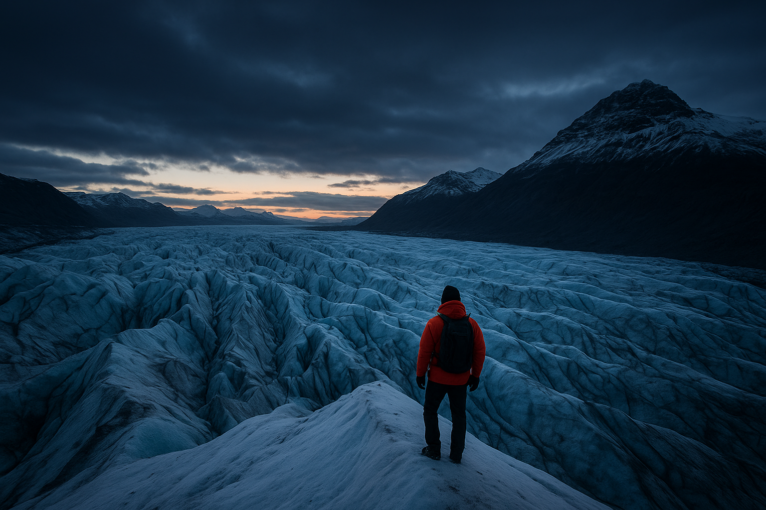 Icelandic glacier ridge at dusk with an explorer in a bright jacket standing above ice fields