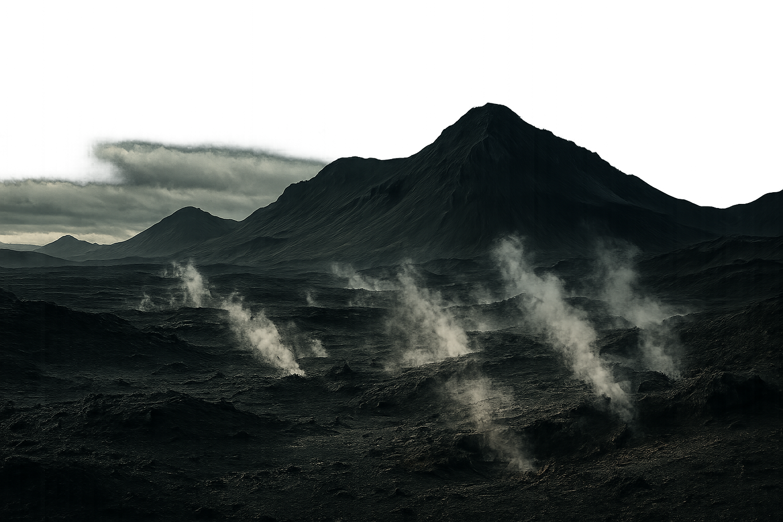 Black volcanic terrain with steam vents and distant mountains under a moody sky