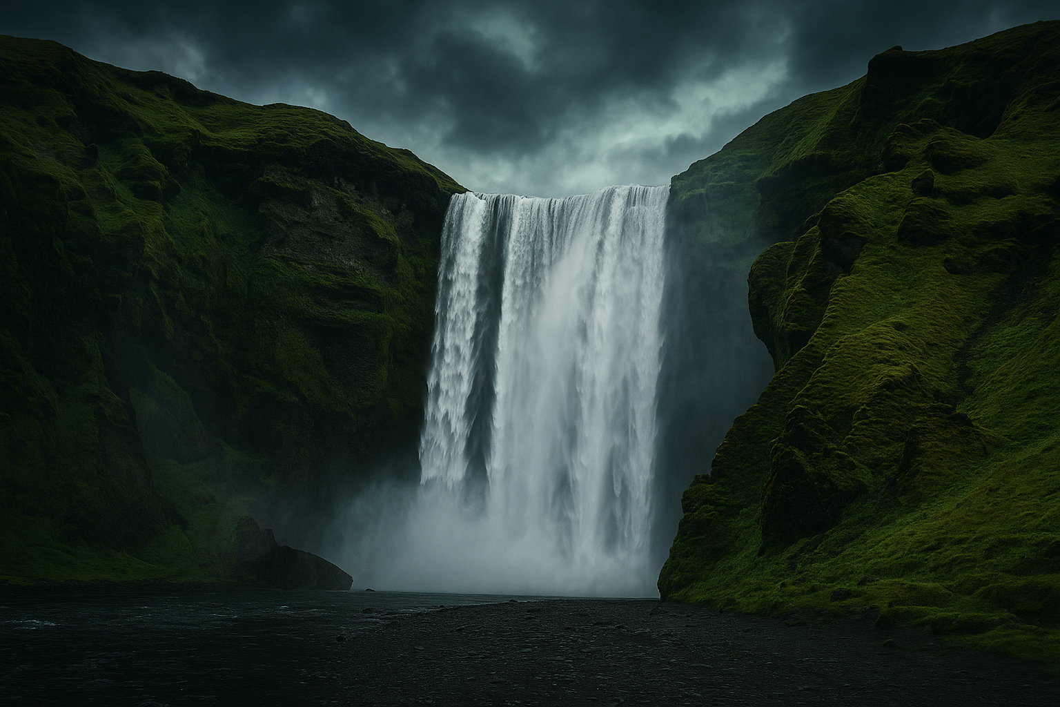 A towering Icelandic waterfall plunging into a mossy canyon with mist rising