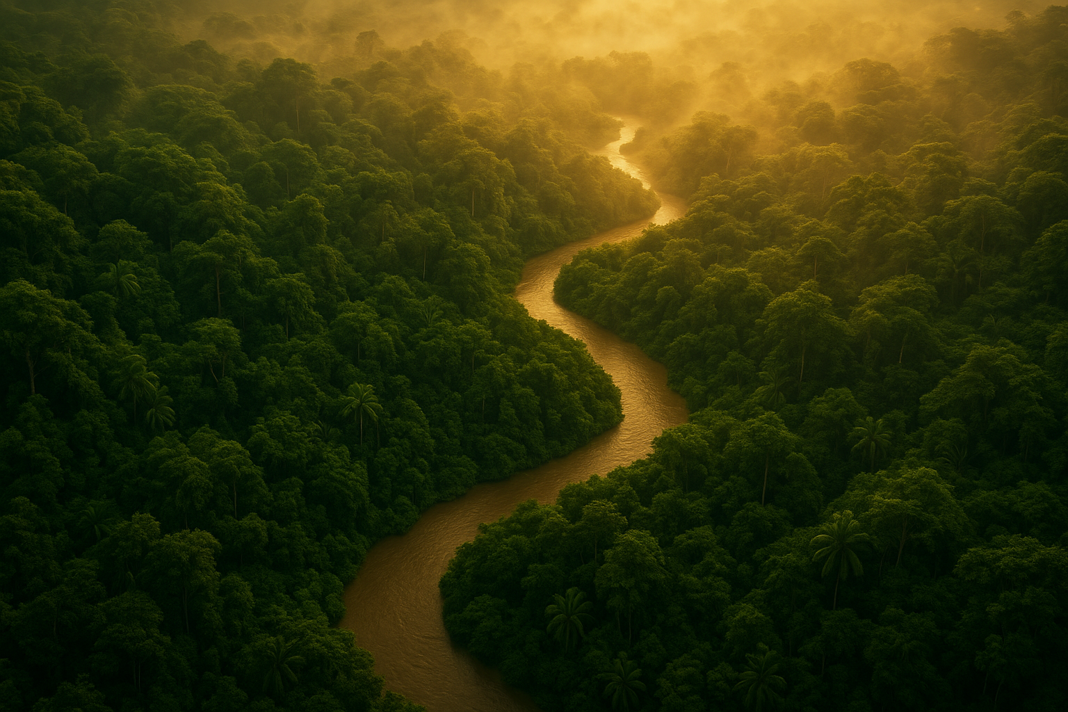 Lush tropical jungle canopy with winding river and golden morning mist