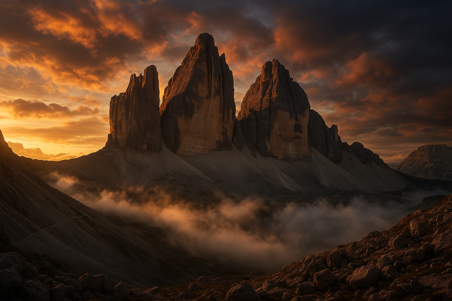 Sharp granite peaks rising above misty alpine valleys at sunrise
