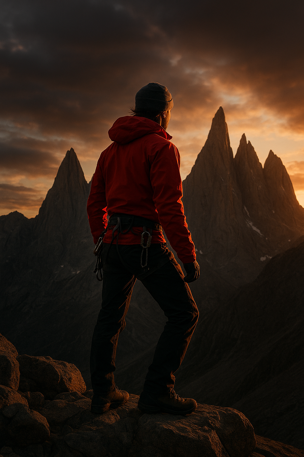 Cinematic portrait of a climber in a red shell jacket looking over jagged Patagonian spires at sunset
