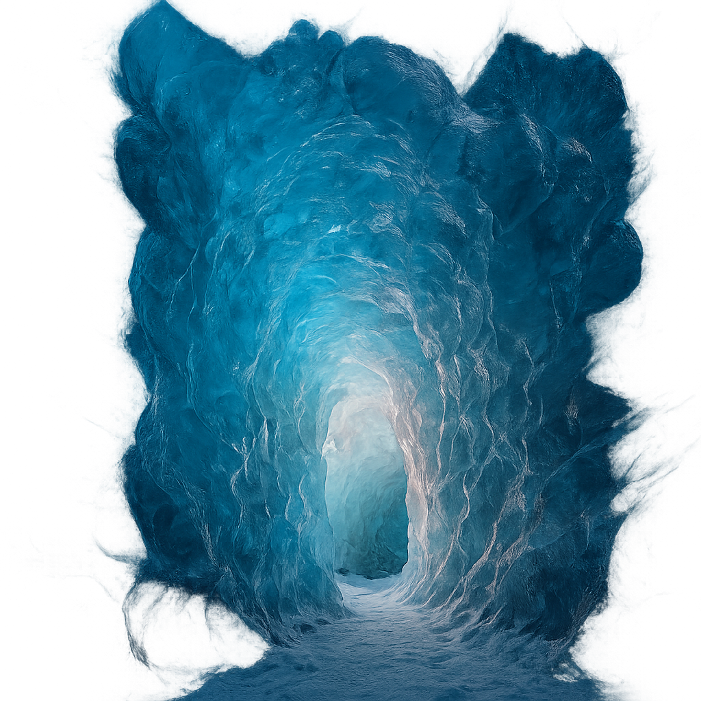 Close-up view of a blue glacier cave with textured ice walls and light filtering through