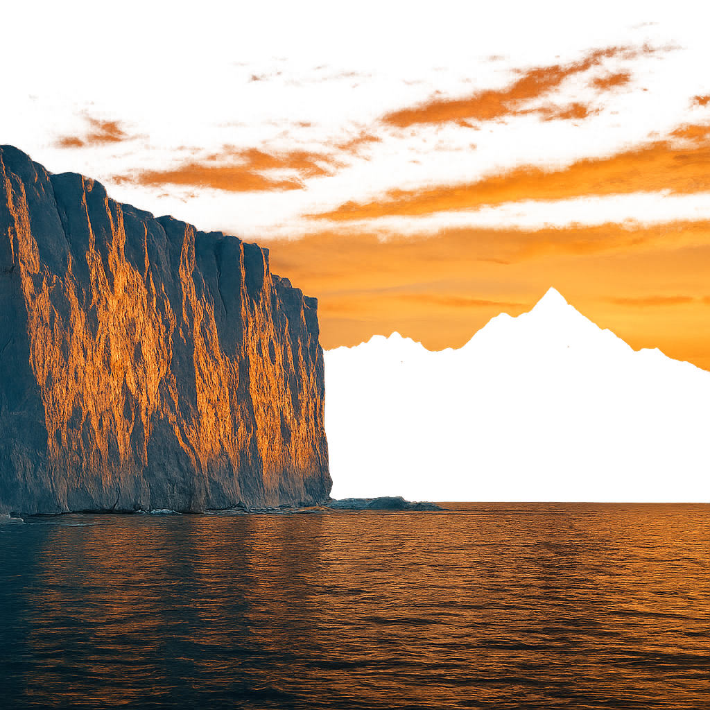 Sunset lighting a glacier face with warm orange glow and distant peaks