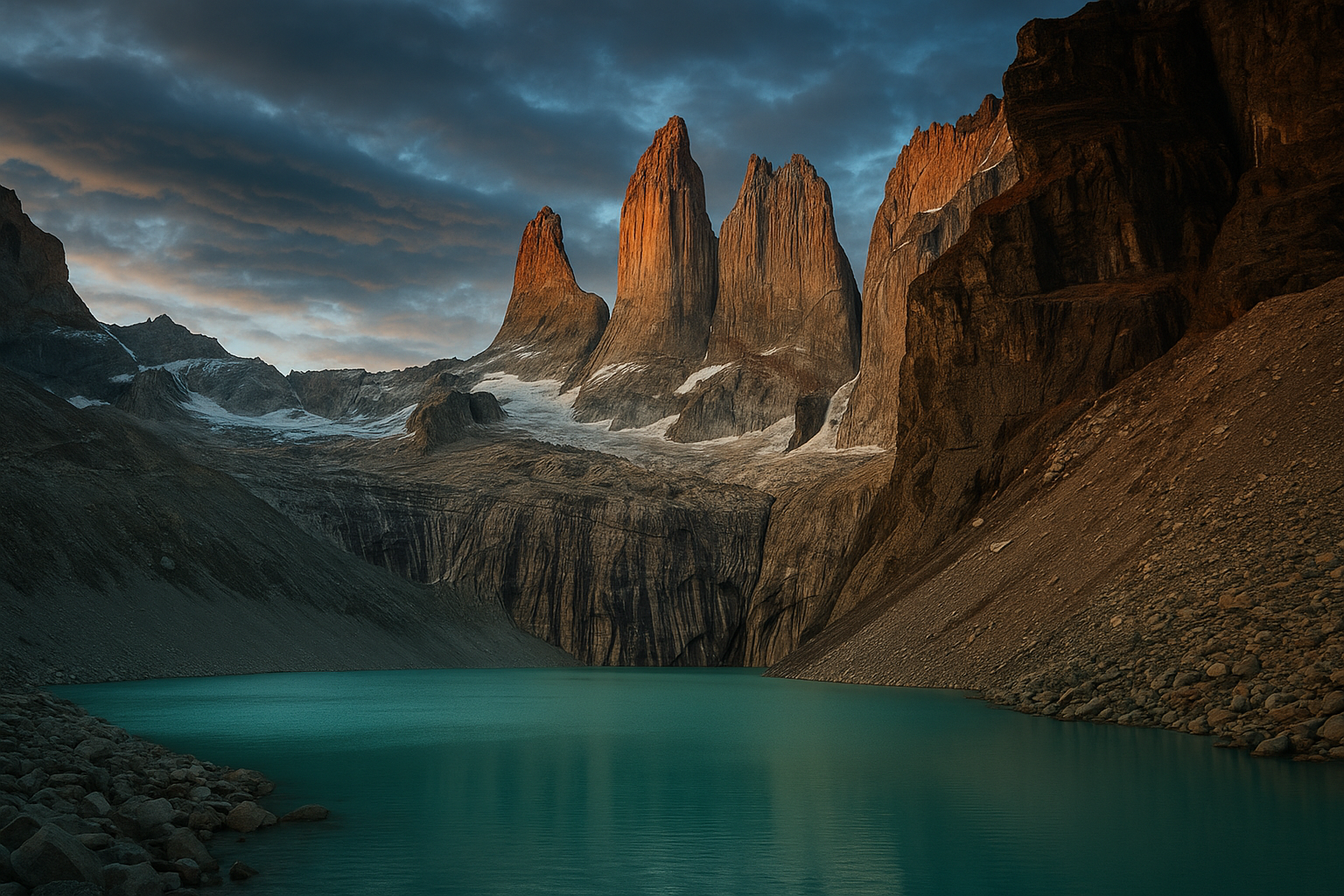 Towering granite spires rising above a turquoise glacial lake in Patagonia under a dramatic clouded sky