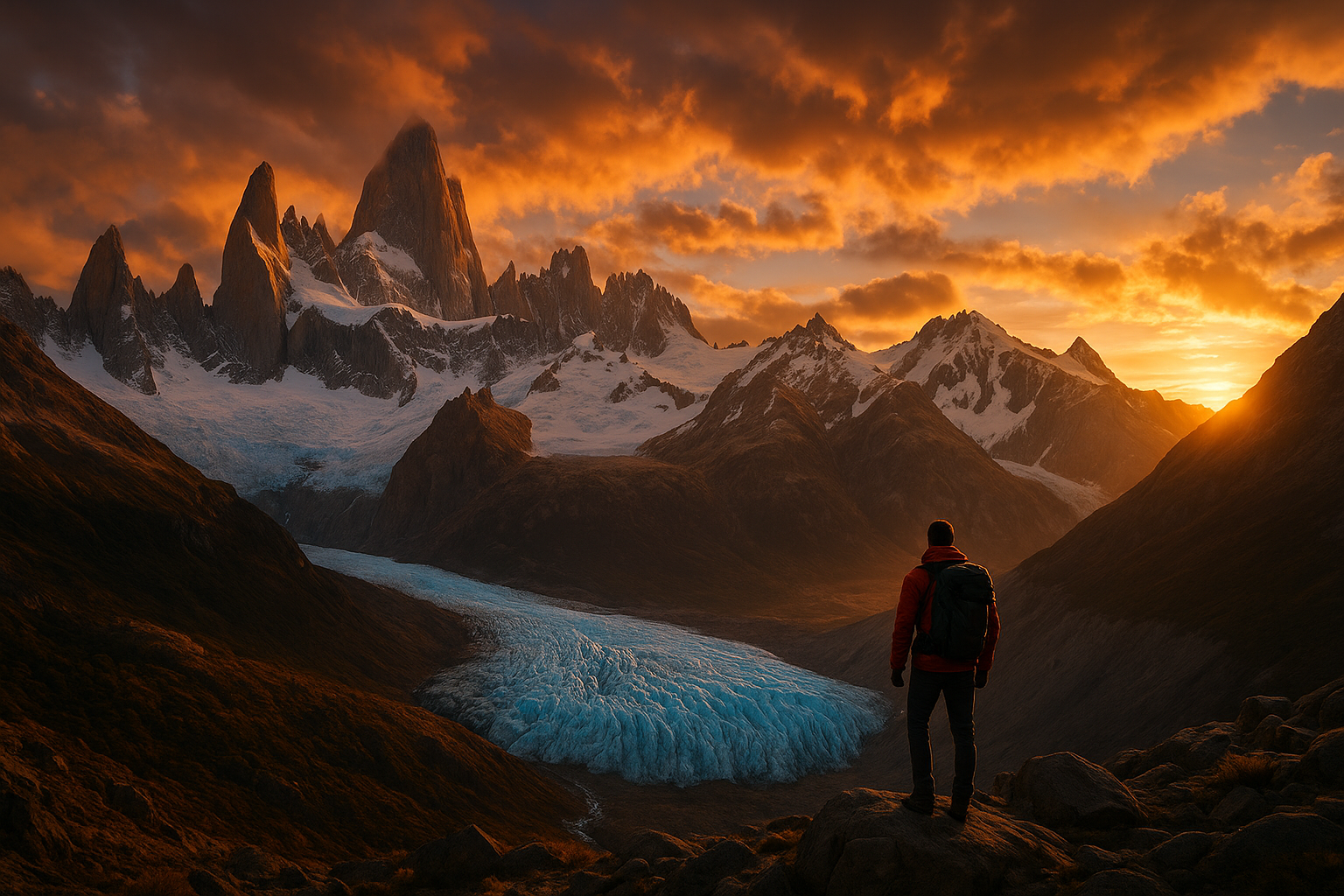 Dramatic Patagonian mountains with a glowing glacier valley and an explorer on a ridge at sunrise