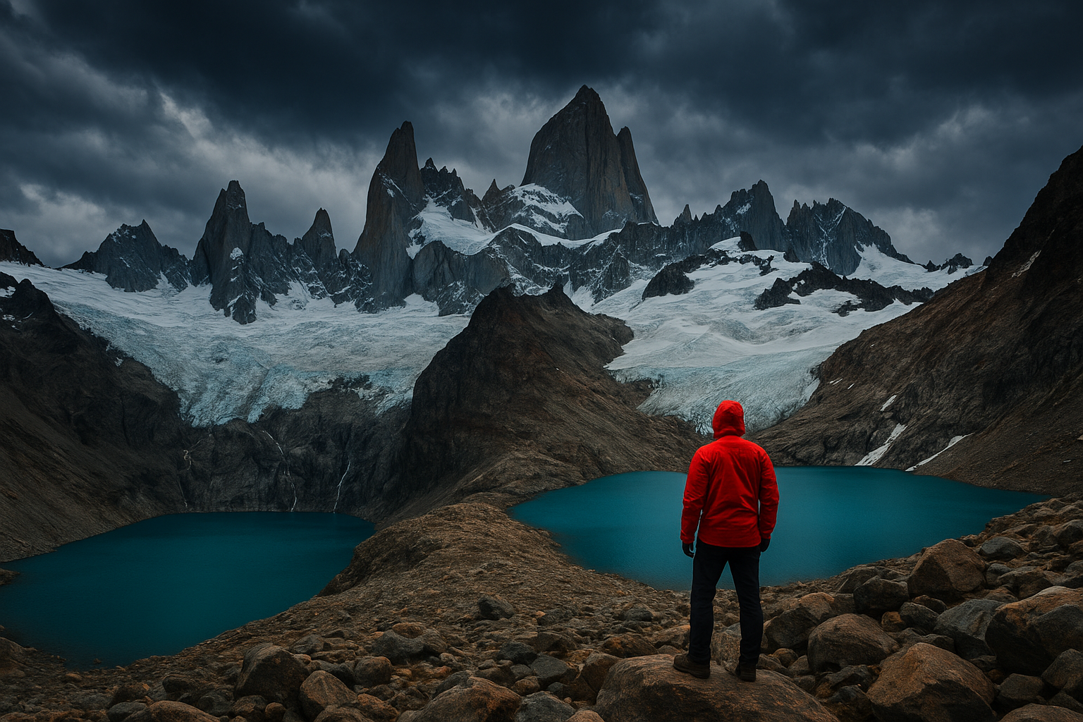A dramatic wide-angle view of Patagonia with jagged granite peaks, a turquoise glacial lake, and a lone hiker in the foreground