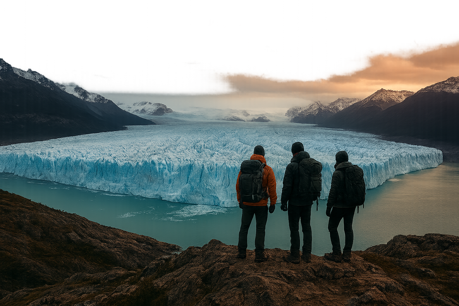 Hikers standing on a rocky ridge overlooking a vast icefield and glaciers in Patagonia