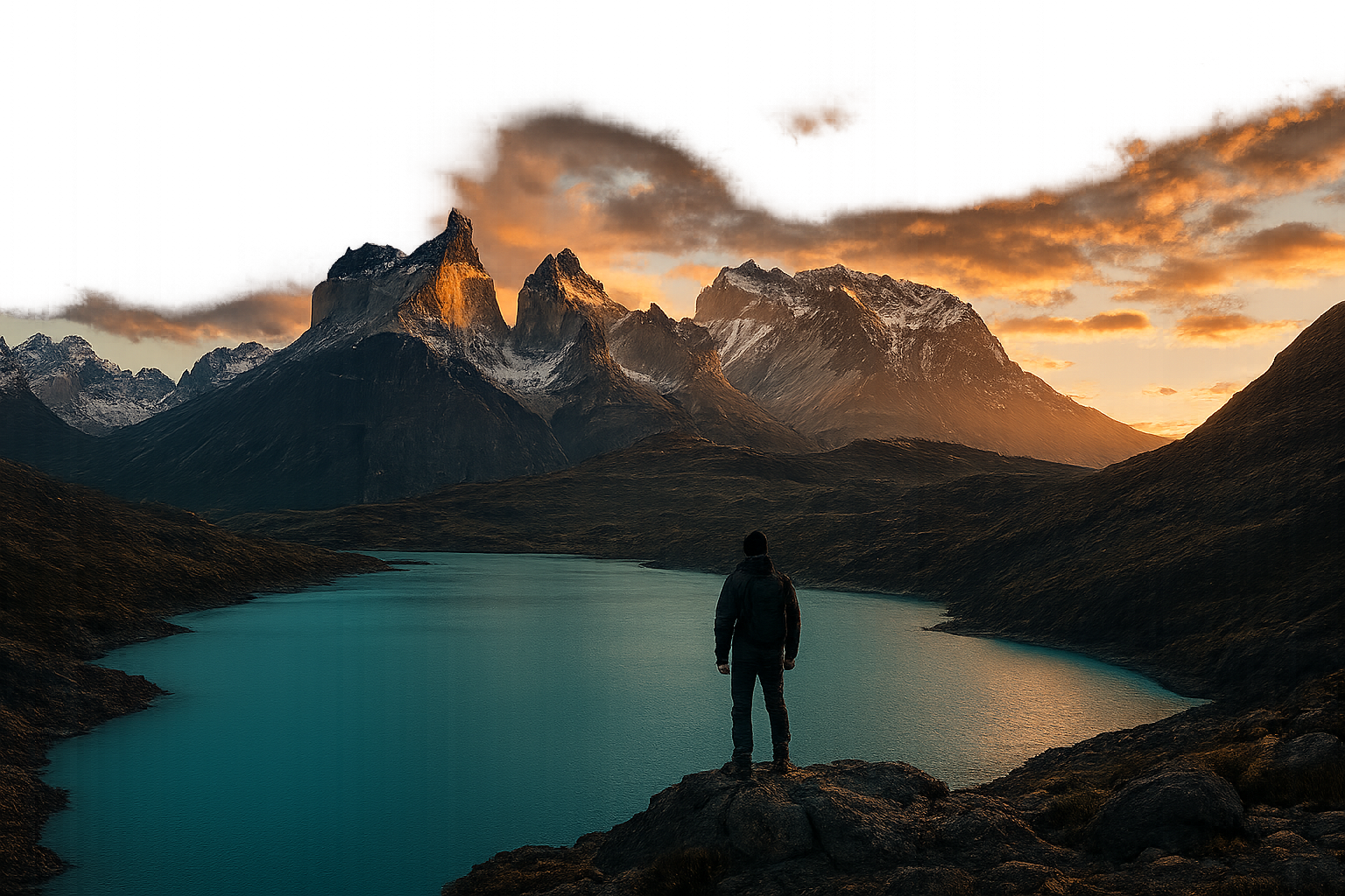 Dramatic Patagonia ridge with snow-capped peaks, a turquoise glacial lake, and a lone explorer on a rocky outcrop at sunrise