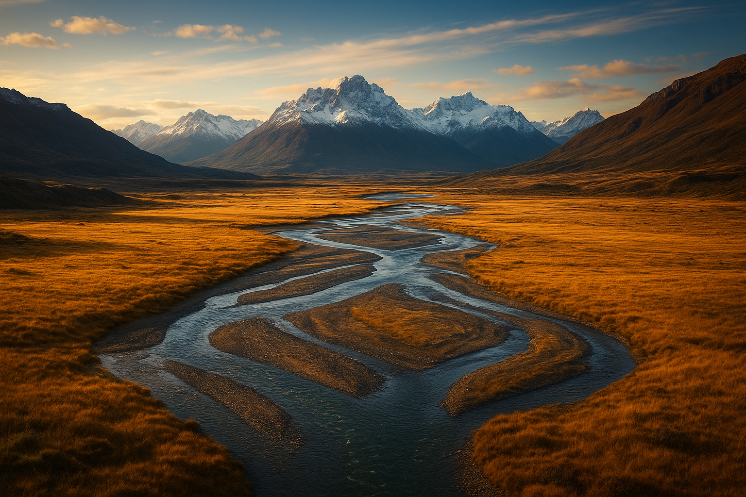 A wide Patagonian valley with braided rivers, golden grasslands, and distant snow-dusted mountains