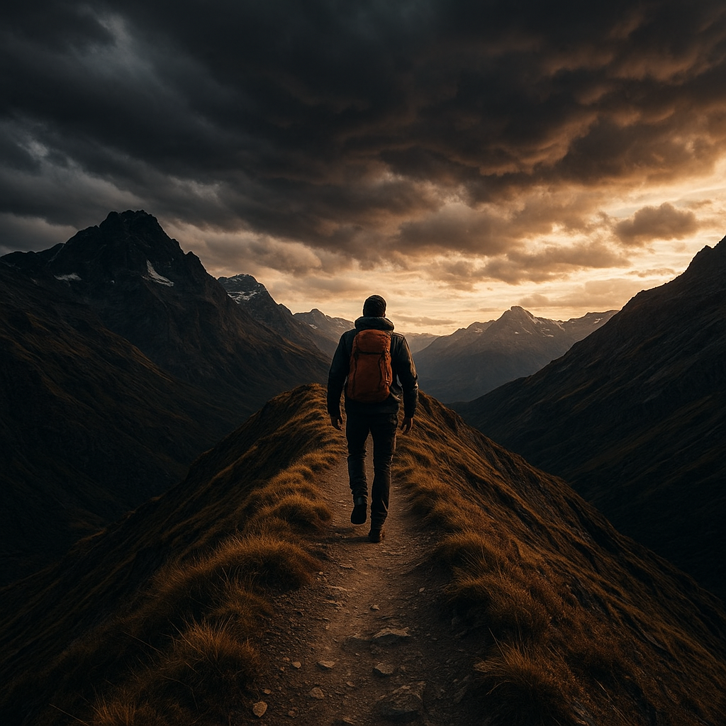 A lone hiker walking along a narrow wind-carved ridge trail with dramatic clouds overhead