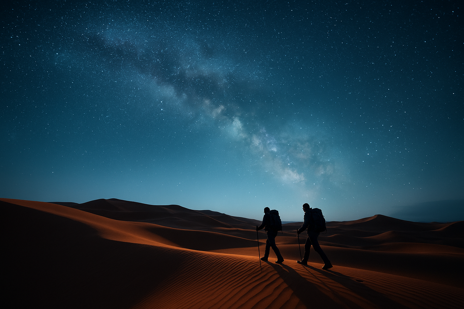 Two explorers walking across a vast desert dune under a star-filled night sky