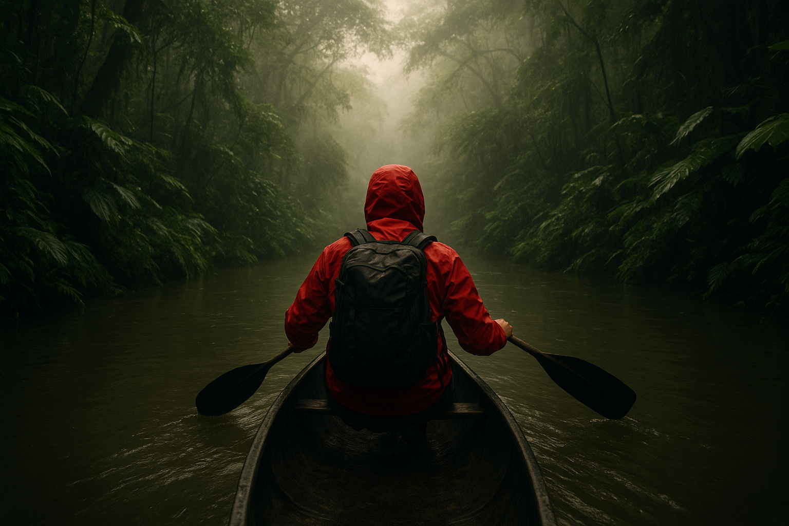 Explorer in a red jacket paddling a narrow jungle river under misty canopy