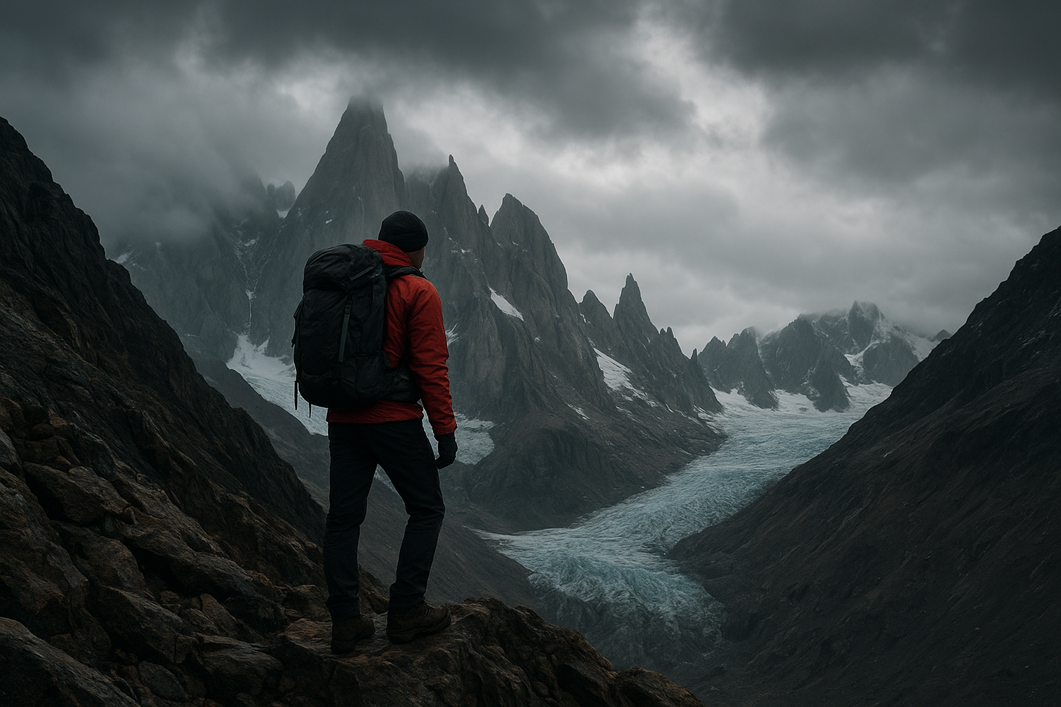 Climber standing on a windy Patagonian ridge with jagged peaks and glacier light