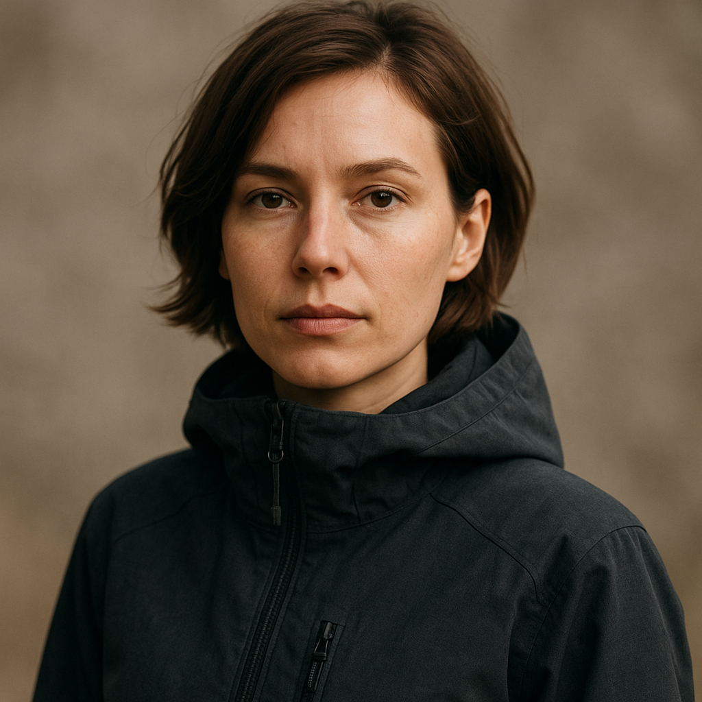 Portrait of Alina, a woman with short chestnut hair wearing a charcoal expedition jacket