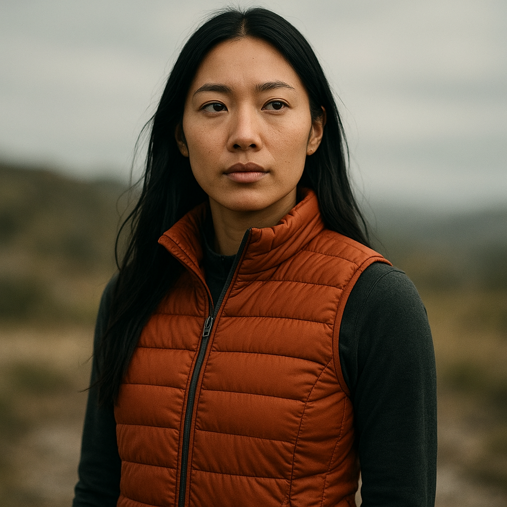 Portrait of Jia, a woman with long black hair and a burnt-orange insulated vest